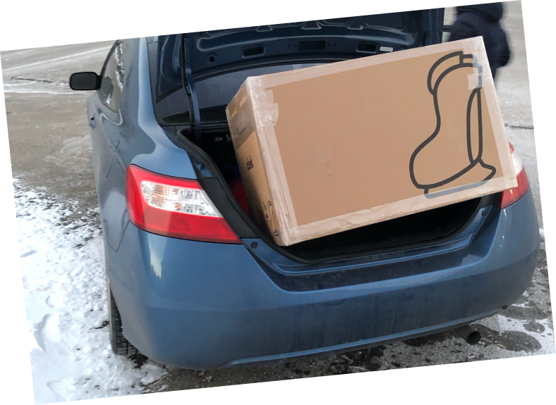 Fall 2018. The trusty Honda, belonging to one of our founders. It took some trial and error to see what packages we could and could not fit!